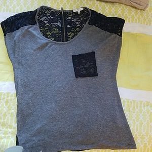 Gray shirt with black sheer lace and zipper back